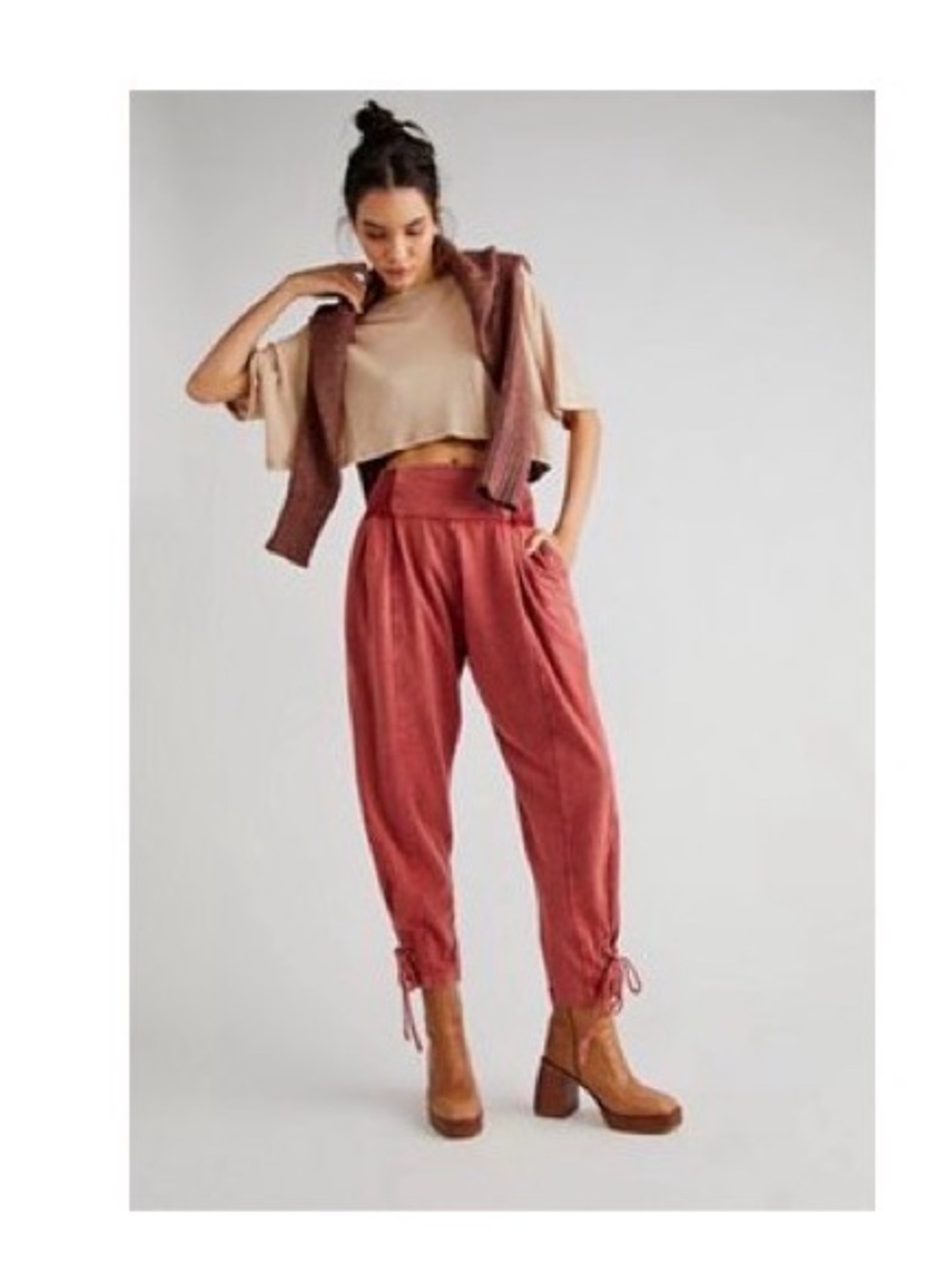 Free People High-Rise Tie-Cuff Harem Joggers in Rust Red